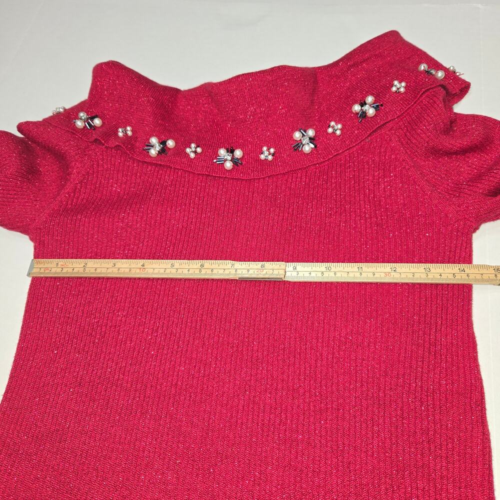 Lauren Michelle S Red Off Shoulder Embellished Sweater Beaded‎ Knit Top Holiday - Picture 7 of 9